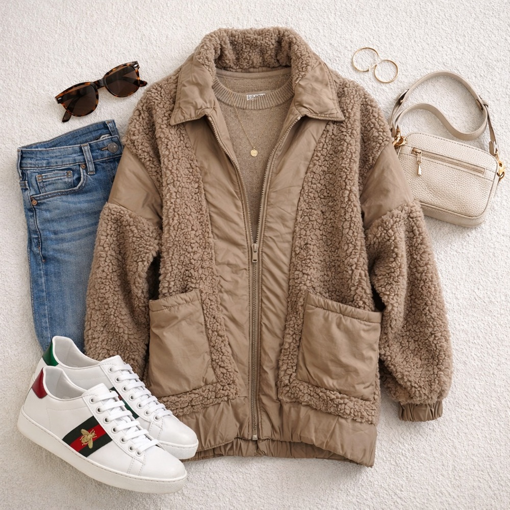 🦉 Sherpa Quilted Zip Jacket Neutral Tan | Fall Winter - Picture 2 of 5